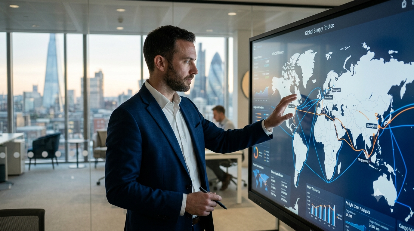 Supply chain specialist reviewing global trade routes